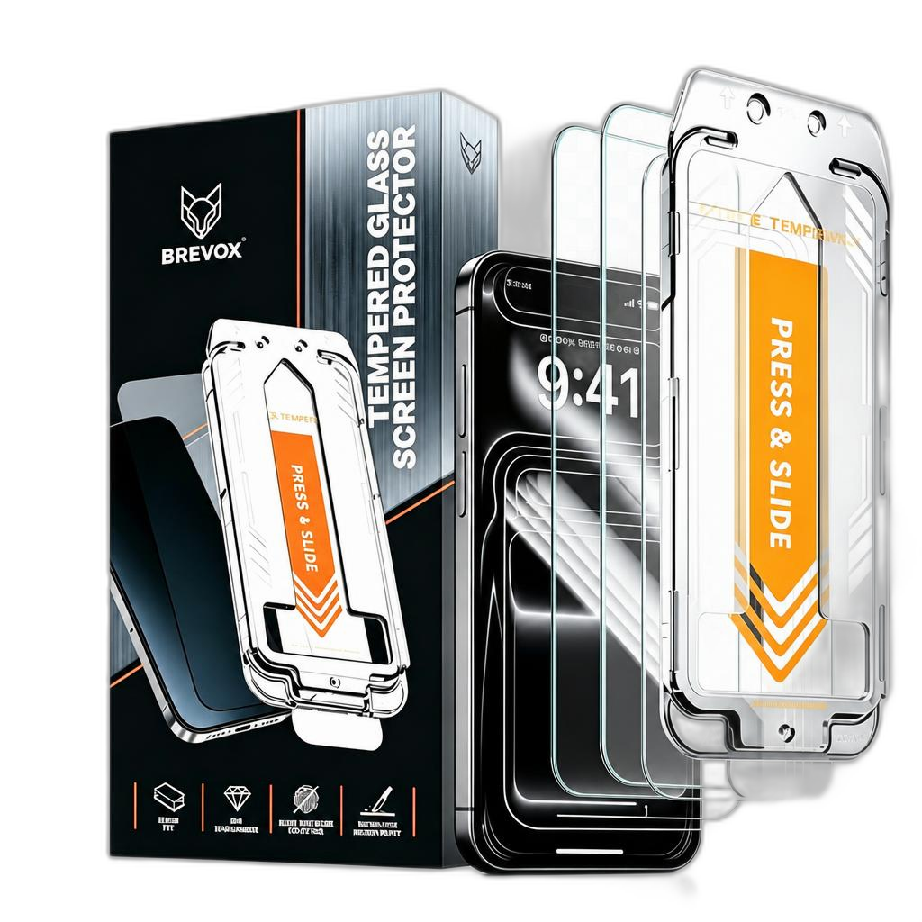 [BRX-IP15PROMAX-CL-3P] Brevox Screenprotector iPhone 15 Pro Max – Tempered Glass met montageframe (Clear, 3-pack)