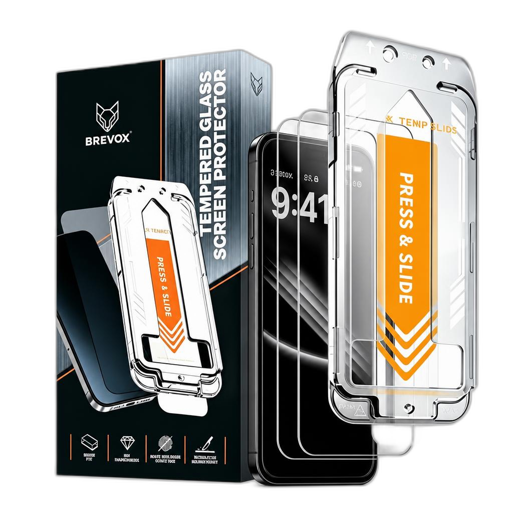 [BRX-IP16-CL-3P] Brevox Screen Protector iPhone 16 – Tempered Glass with mounting frame (Clear, 3-pack)